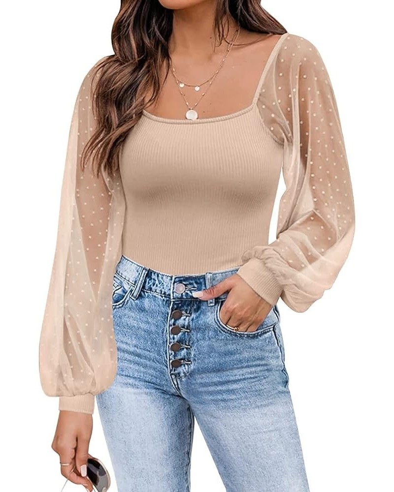 Mesh Long Sleeve Shirts Ribbed Casual Slim Fit Blouses Tops Apricot $17.09 Blouses