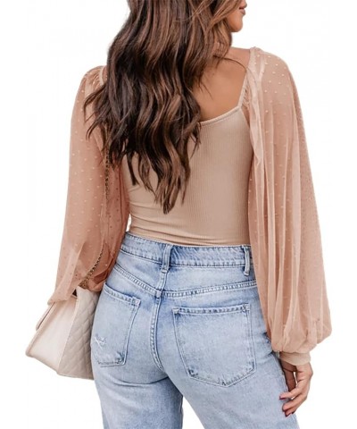 Mesh Long Sleeve Shirts Ribbed Casual Slim Fit Blouses Tops Apricot $17.09 Blouses