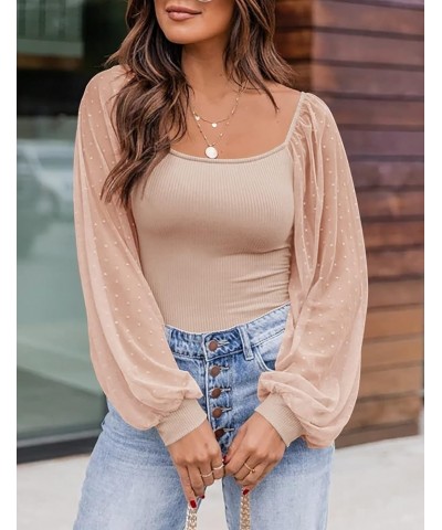 Mesh Long Sleeve Shirts Ribbed Casual Slim Fit Blouses Tops Apricot $17.09 Blouses