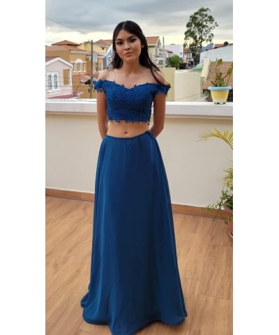 Women's Two Piece Prom Dresses Long with Slit Off Shoulder Lace Chiffon Formal Party Gowns with Pockets WD04 Dusty Rose $40.5...
