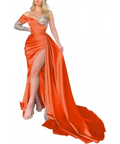 Mermaid Prom Dresses with Slit Long 2024 Ruched Sparkly Formal Evening Gown with Sleeves Orange $33.60 Dresses