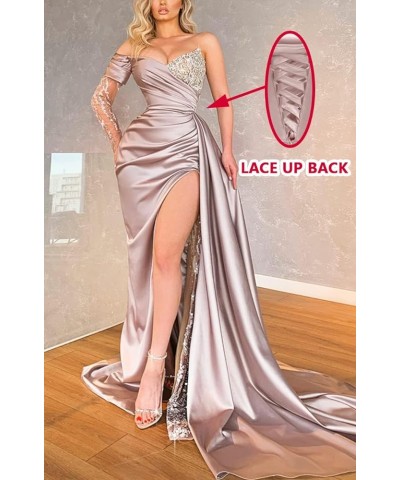 Mermaid Prom Dresses with Slit Long 2024 Ruched Sparkly Formal Evening Gown with Sleeves Orange $33.60 Dresses