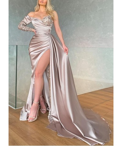 Mermaid Prom Dresses with Slit Long 2024 Ruched Sparkly Formal Evening Gown with Sleeves Orange $33.60 Dresses