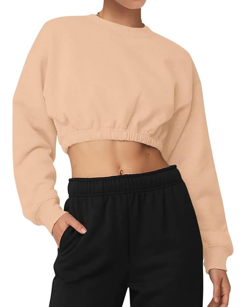 Womens Cropped Sweatshirts Fleece Cinch Bottom Pullover Long Sleeve Athletic Shirts Sweater Fall Outfits Crop Tops Light Apri...