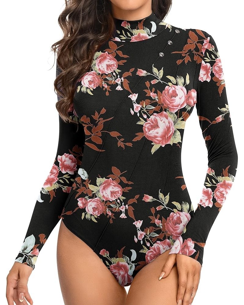 Women's Leotard Basic Tops Bodysuit Jumpsuits Turtleneck Rose Floral Black $10.32 Bodysuits