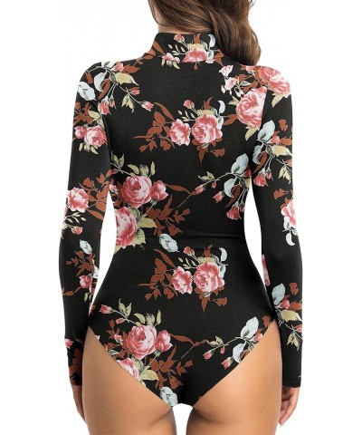 Women's Leotard Basic Tops Bodysuit Jumpsuits Turtleneck Rose Floral Black $10.32 Bodysuits