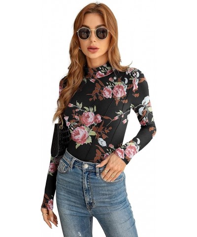 Women's Leotard Basic Tops Bodysuit Jumpsuits Turtleneck Rose Floral Black $10.32 Bodysuits