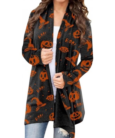 Women's Halloween Pumpkin Cat Print Knitting Cardigan Long Sleeve Open Front Knitted Sweater Outwear Coat Tops Black $12.18 S...