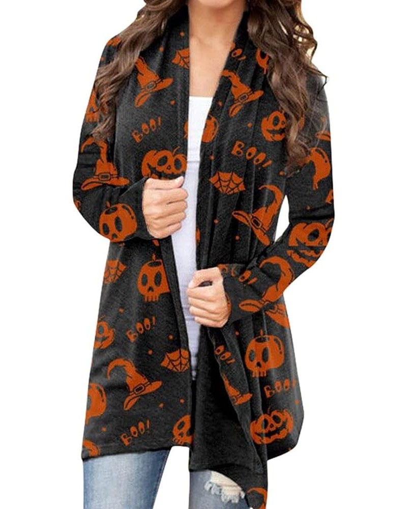 Women's Halloween Pumpkin Cat Print Knitting Cardigan Long Sleeve Open Front Knitted Sweater Outwear Coat Tops Black $12.18 S...