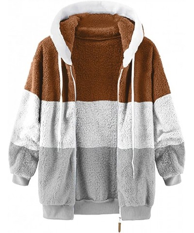 Womens Winter Fuzzy Fleece Jacket Hooded Color Block Patchwork Cardigan Coats Oversized Fluffy Outerwear with Pockets 21-coff...