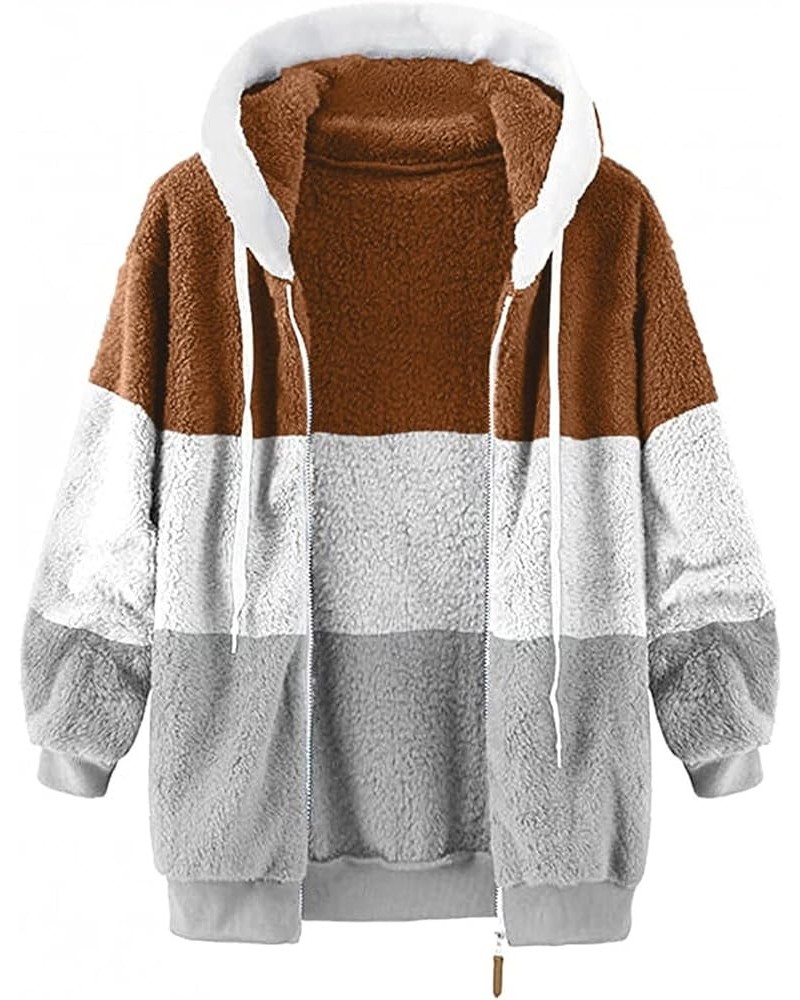 Womens Winter Fuzzy Fleece Jacket Hooded Color Block Patchwork Cardigan Coats Oversized Fluffy Outerwear with Pockets 21-coff...