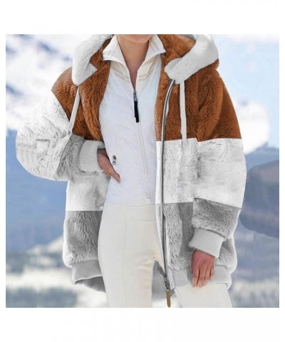 Womens Winter Fuzzy Fleece Jacket Hooded Color Block Patchwork Cardigan Coats Oversized Fluffy Outerwear with Pockets 21-coff...