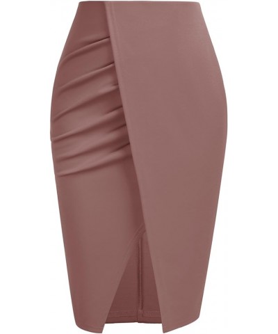 Wear to Work Pencil Skirts for Women Elastic High Waist Ruched Wrap Split Slit Bodycon Midi Skirt Coral Pink $20.99 Skirts