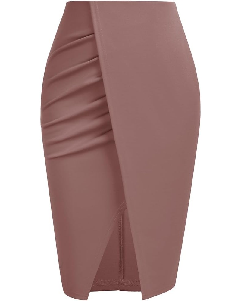 Wear to Work Pencil Skirts for Women Elastic High Waist Ruched Wrap Split Slit Bodycon Midi Skirt Coral Pink $20.99 Skirts