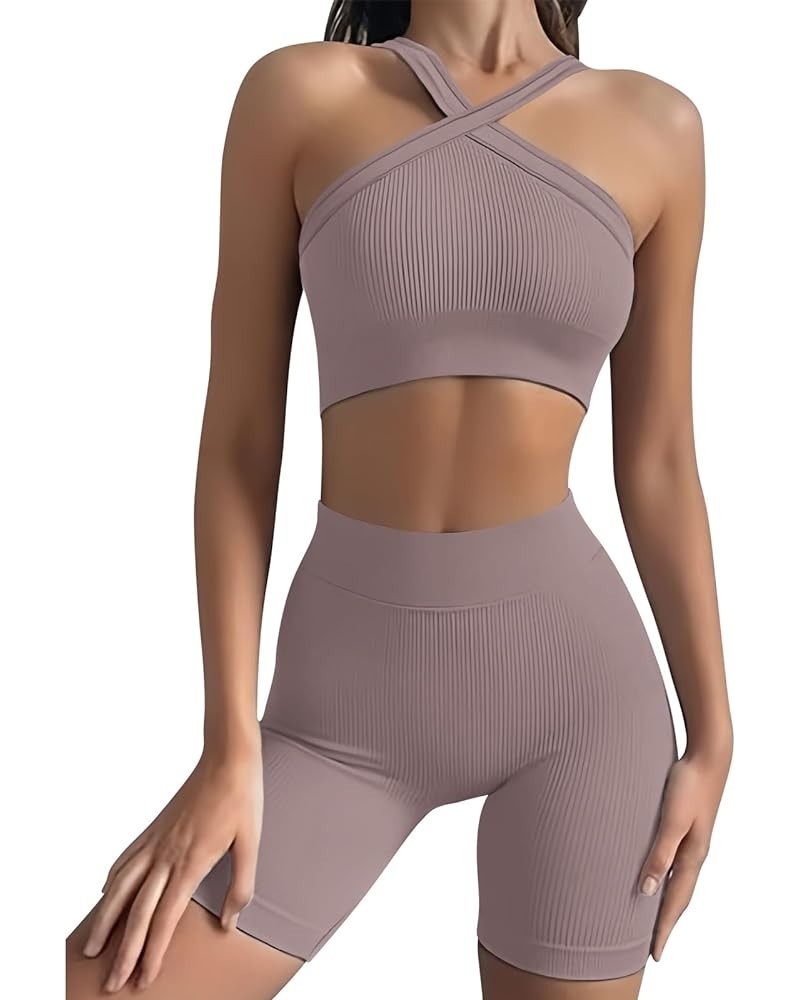 Ribbed Women Workout Sets 2 Piece Seamless Matching Gym Yoga Work Out Set A_lotusrootpurple Yoga $16.80 Activewear