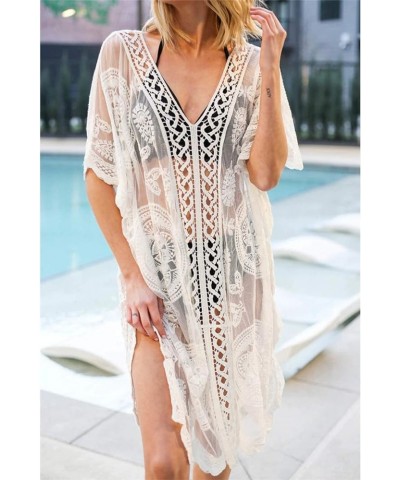 Lace Beach Dress for Women Crochet Long Sheer Bikini Swimsuit Cover Up White $19.13 Swimsuits