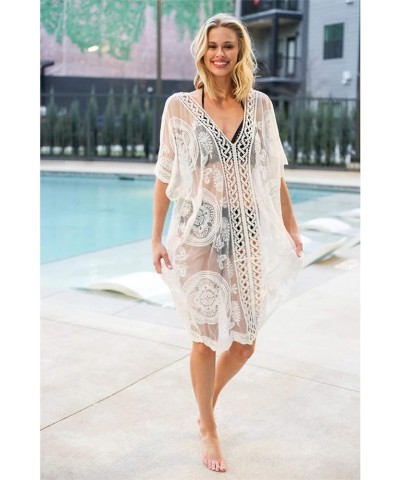 Lace Beach Dress for Women Crochet Long Sheer Bikini Swimsuit Cover Up White $19.13 Swimsuits