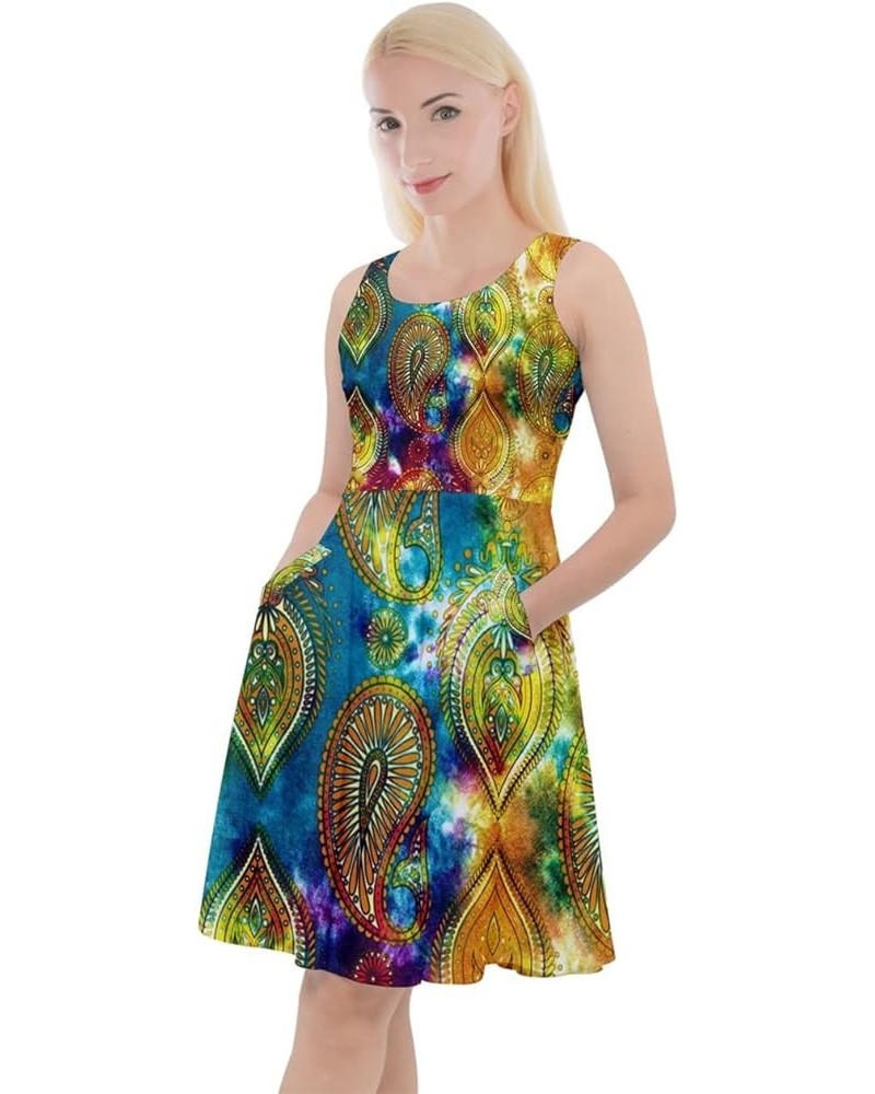 Womens Plus Size Dress Tie Dye Aztec Print Ethnic Style Summer Knee Length Pockets Skater Dress, XS-5XL Yellow Blue $14.19 Dr...