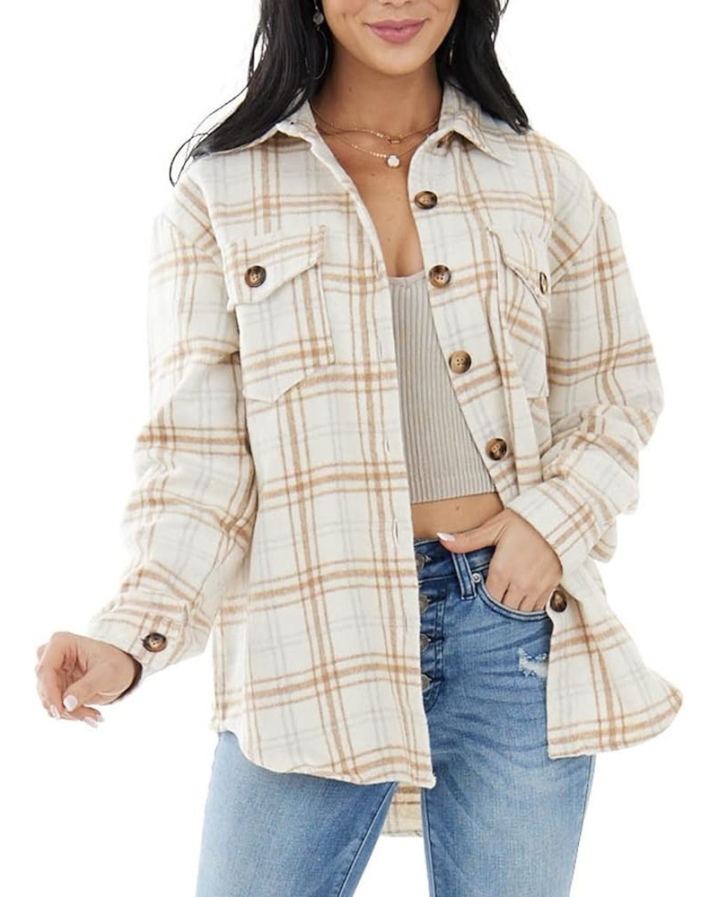 Womens Casual Plaid Soft Button Down Tops Roll Up Long Sleeve Cuffed Blouse Shirts Ivory $16.42 Blouses