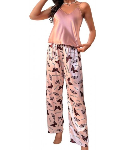 Women's 2 Piece Satin Sleepwear Butterfly Letter Print V Neck Cami Top and Pants Pajama Set Dusty Pink $13.24 Sleep & Lounge