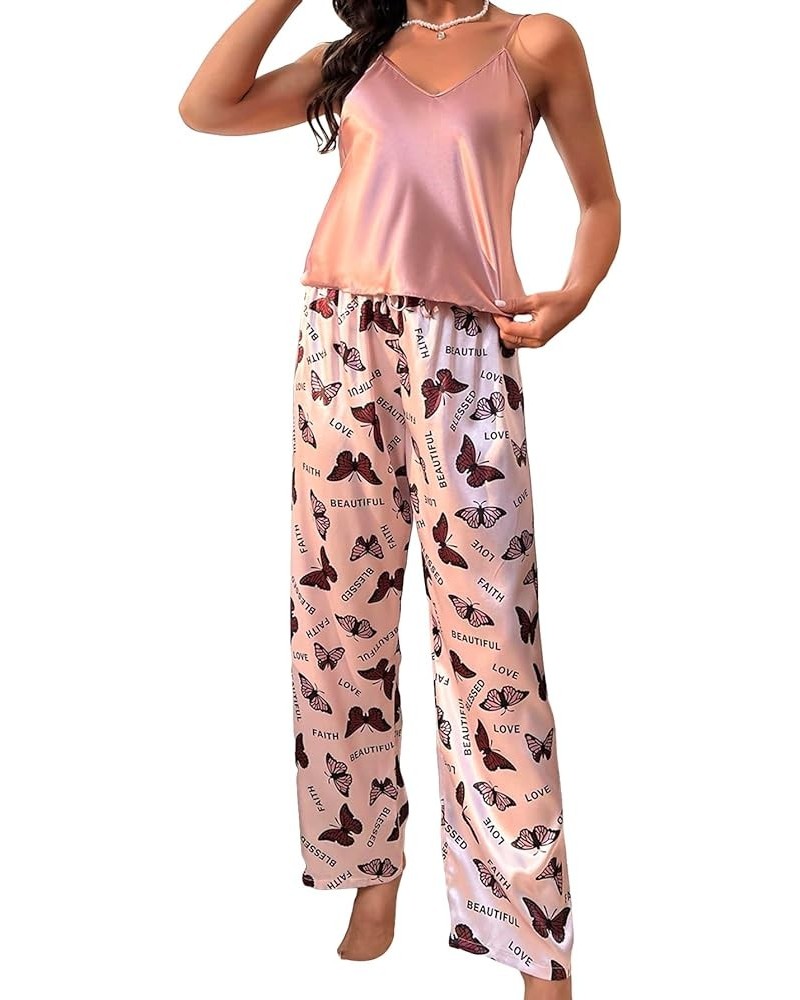 Women's 2 Piece Satin Sleepwear Butterfly Letter Print V Neck Cami Top and Pants Pajama Set Dusty Pink $13.24 Sleep & Lounge