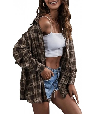 Oversized Flannels Plaid Shirts for Women Buffalo Plaid Long Sleeve Button Down Shirts Blouse Tops Coffee $13.23 Blouses
