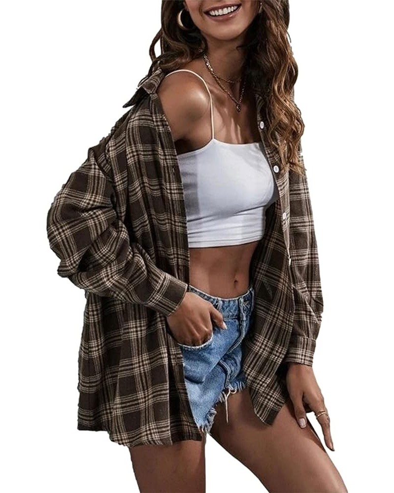 Oversized Flannels Plaid Shirts for Women Buffalo Plaid Long Sleeve Button Down Shirts Blouse Tops Coffee $13.23 Blouses