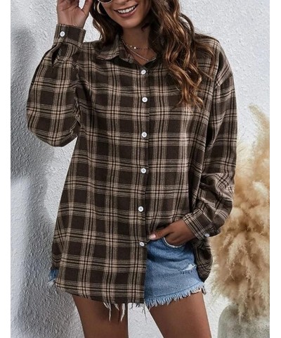 Oversized Flannels Plaid Shirts for Women Buffalo Plaid Long Sleeve Button Down Shirts Blouse Tops Coffee $13.23 Blouses