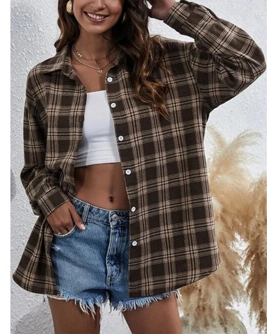 Oversized Flannels Plaid Shirts for Women Buffalo Plaid Long Sleeve Button Down Shirts Blouse Tops Coffee $13.23 Blouses