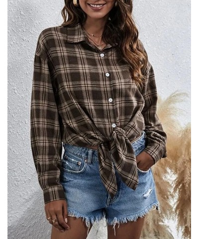 Oversized Flannels Plaid Shirts for Women Buffalo Plaid Long Sleeve Button Down Shirts Blouse Tops Coffee $13.23 Blouses