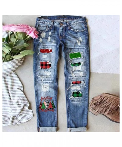 Womens Jeans Casual Ripped Boyfriend Stretch Cute Printed Jeans Slim Plaid Patch Loose Skinny Denim Jeans with Hole Aa1-red $...