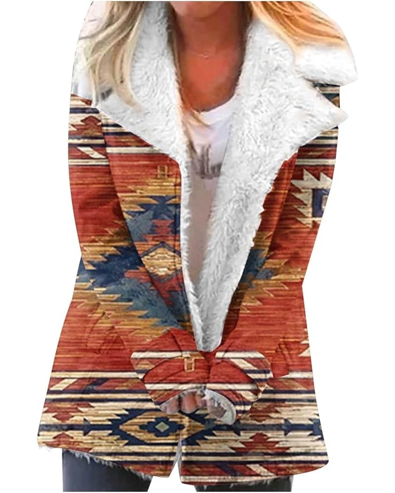 Women's Lapel Sherpa Fleece Lined Jacket Aztec Ethnic Print Coat Winter Button Down Long Sleeve Warm Outerwear S-2XL H $18.21...