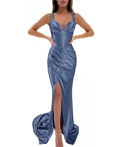 Women's Spaghetti Straps Satin Prom Dresses Long Ruched Formal Evening Party Gowns with Slit Dusty Blue $22.40 Dresses