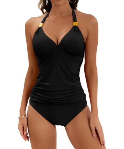 Halter Tankini Swimsuit for Women Tummy Control Two Piece Bathing Suit V Neck Swimwear with Shorts Black $20.24 Swimsuits