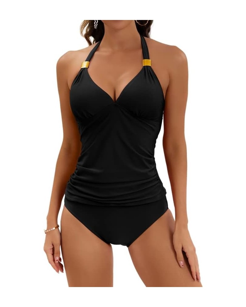 Halter Tankini Swimsuit for Women Tummy Control Two Piece Bathing Suit V Neck Swimwear with Shorts Black $20.24 Swimsuits