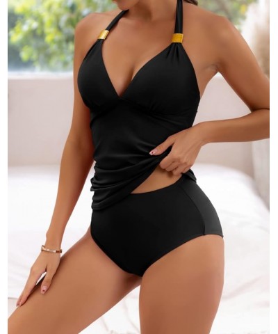 Halter Tankini Swimsuit for Women Tummy Control Two Piece Bathing Suit V Neck Swimwear with Shorts Black $20.24 Swimsuits