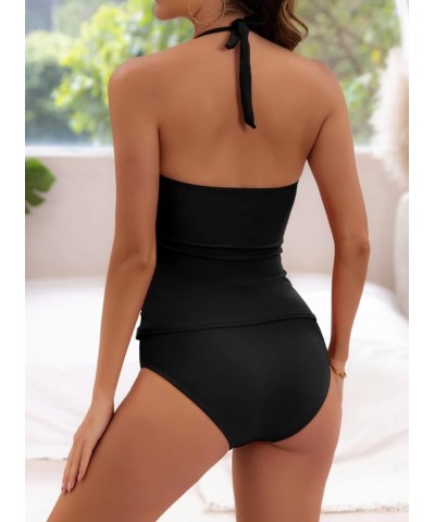 Halter Tankini Swimsuit for Women Tummy Control Two Piece Bathing Suit V Neck Swimwear with Shorts Black $20.24 Swimsuits