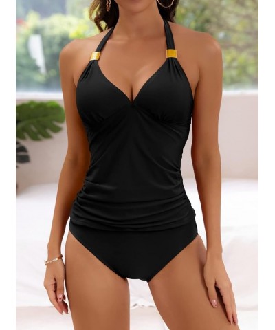 Halter Tankini Swimsuit for Women Tummy Control Two Piece Bathing Suit V Neck Swimwear with Shorts Black $20.24 Swimsuits