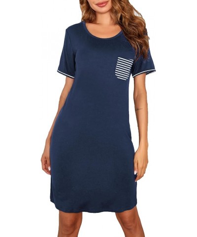 Nightgowns for Women Sleepshirt Short Sleeve Pajama Shirt Soft Sleep Dress Striped Pocket Loungewear Nightshirt Navy Blue $11...