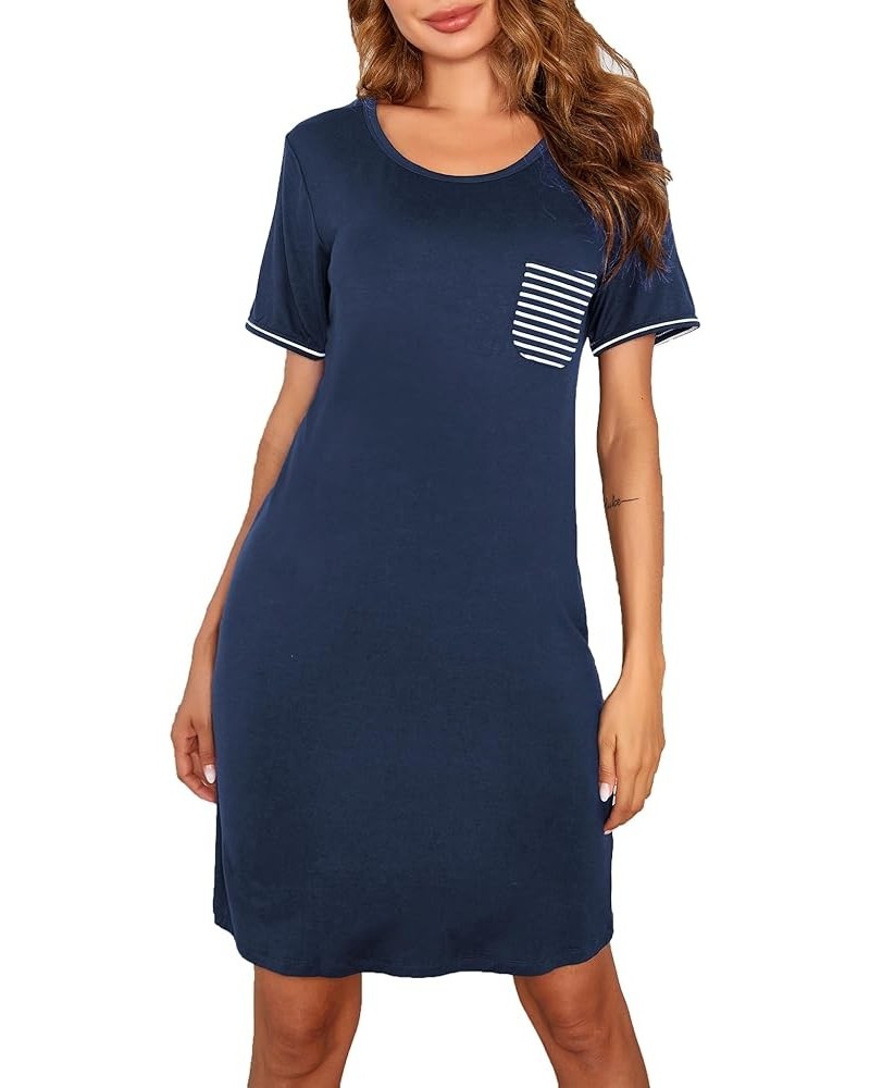 Nightgowns for Women Sleepshirt Short Sleeve Pajama Shirt Soft Sleep Dress Striped Pocket Loungewear Nightshirt Navy Blue $11...