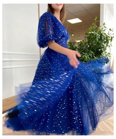 Sparkle Starry Tulle FormalProm Dresses with Slit Puffy Sleeve Long Sequin 2022 Evening Party Gowns with Pockets Cobalt Blue ...