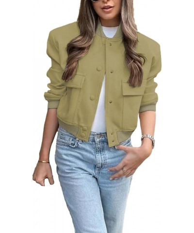 Womens Cropped Bomber Jackets Snap Button Long Sleeve Varsity Jackets Baseball Coat With Pockets Light Green $9.80 Jackets