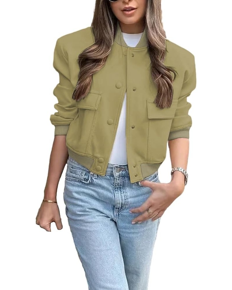 Womens Cropped Bomber Jackets Snap Button Long Sleeve Varsity Jackets Baseball Coat With Pockets Light Green $9.80 Jackets