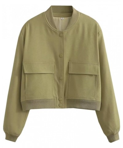 Womens Cropped Bomber Jackets Snap Button Long Sleeve Varsity Jackets Baseball Coat With Pockets Light Green $9.80 Jackets