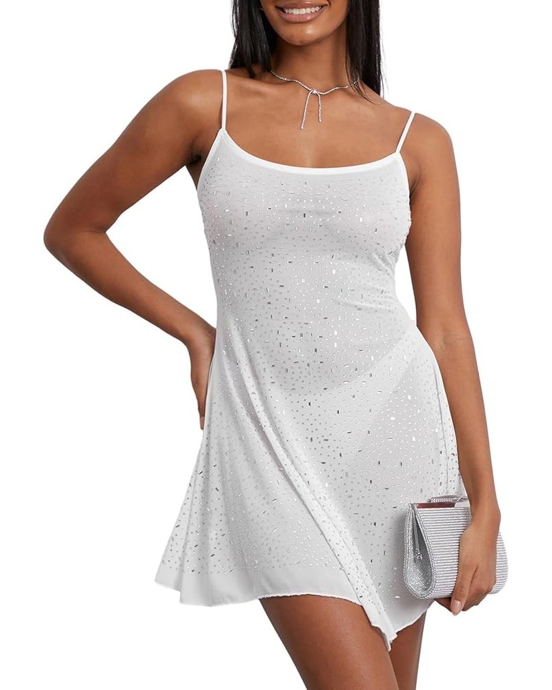 Women Y2K Sleeveless Low Cut Glitter Dress Sparkle Spaghetti Strap Backless Cocktail Dress Night Party Cami Dress 51469 White...