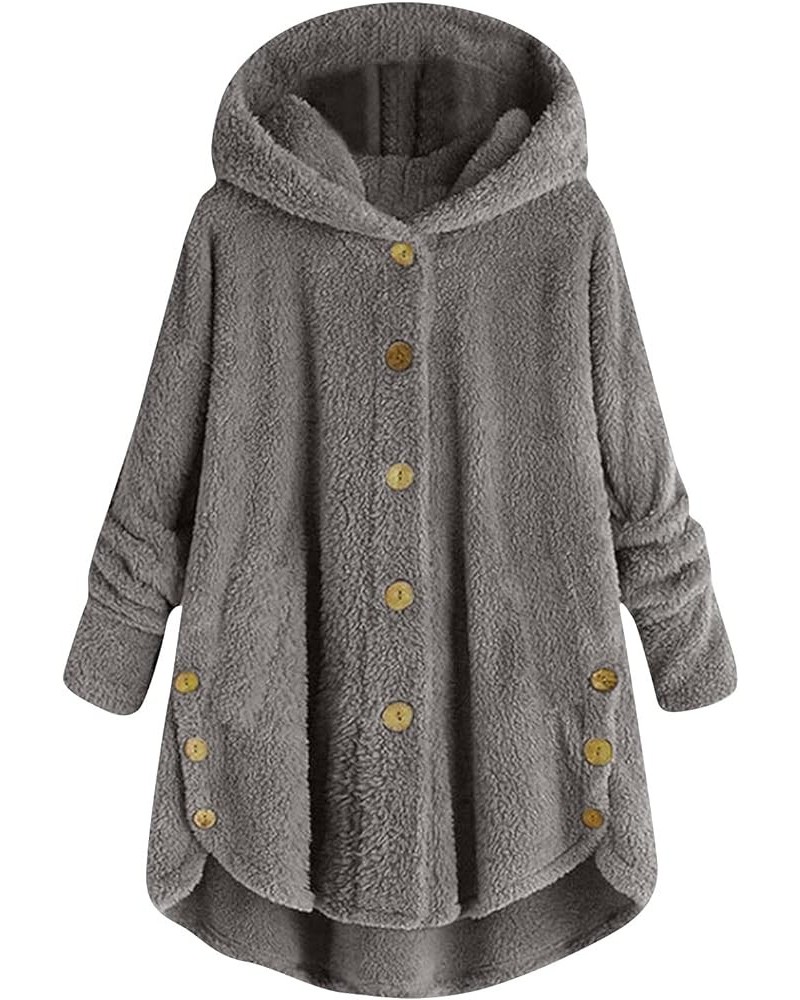 Womens Winter Coats Fleece Sherpa Jacket Button Down Long Sleeve Comfy Hoodie Plus Size Tops Warm Clothes Outerwear E-dark Gr...