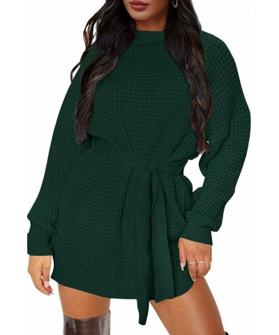 Women's 2024 Fall Long Sleeve Solid Color Waffle Knitted Tie Wasit Tunic Pullover Sweater Dress Darkgreen $17.80 Sweaters