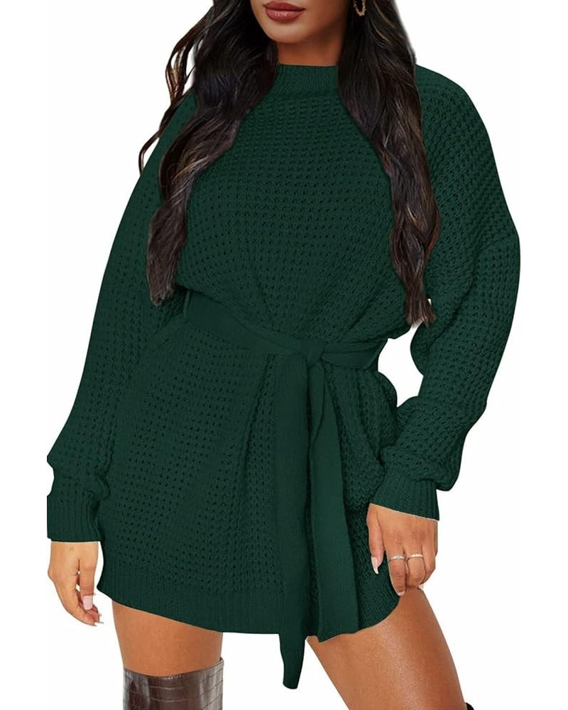 Women's 2024 Fall Long Sleeve Solid Color Waffle Knitted Tie Wasit Tunic Pullover Sweater Dress Darkgreen $17.80 Sweaters