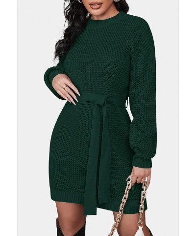 Women's 2024 Fall Long Sleeve Solid Color Waffle Knitted Tie Wasit Tunic Pullover Sweater Dress Darkgreen $17.80 Sweaters