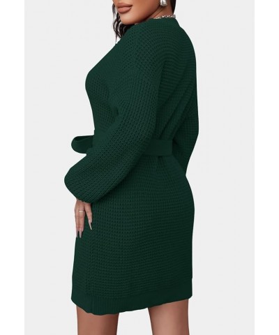 Women's 2024 Fall Long Sleeve Solid Color Waffle Knitted Tie Wasit Tunic Pullover Sweater Dress Darkgreen $17.80 Sweaters